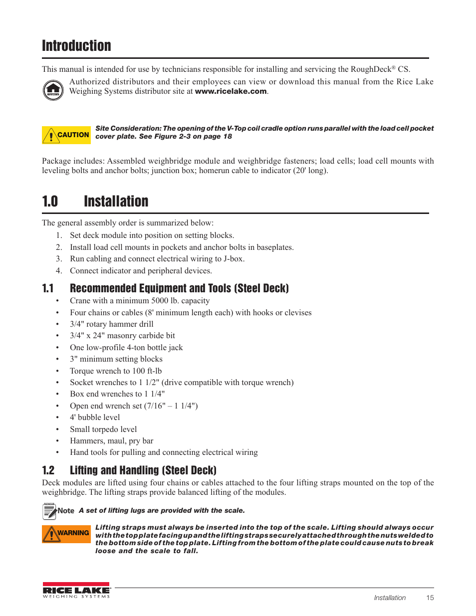 Introduction, 0 installation, 1 recommended equipment and tools (steel deck) | 2 lifting and handling (steel deck) | Rice Lake Coil Scale RoughDeck CS User Manual | Page 5 / 15