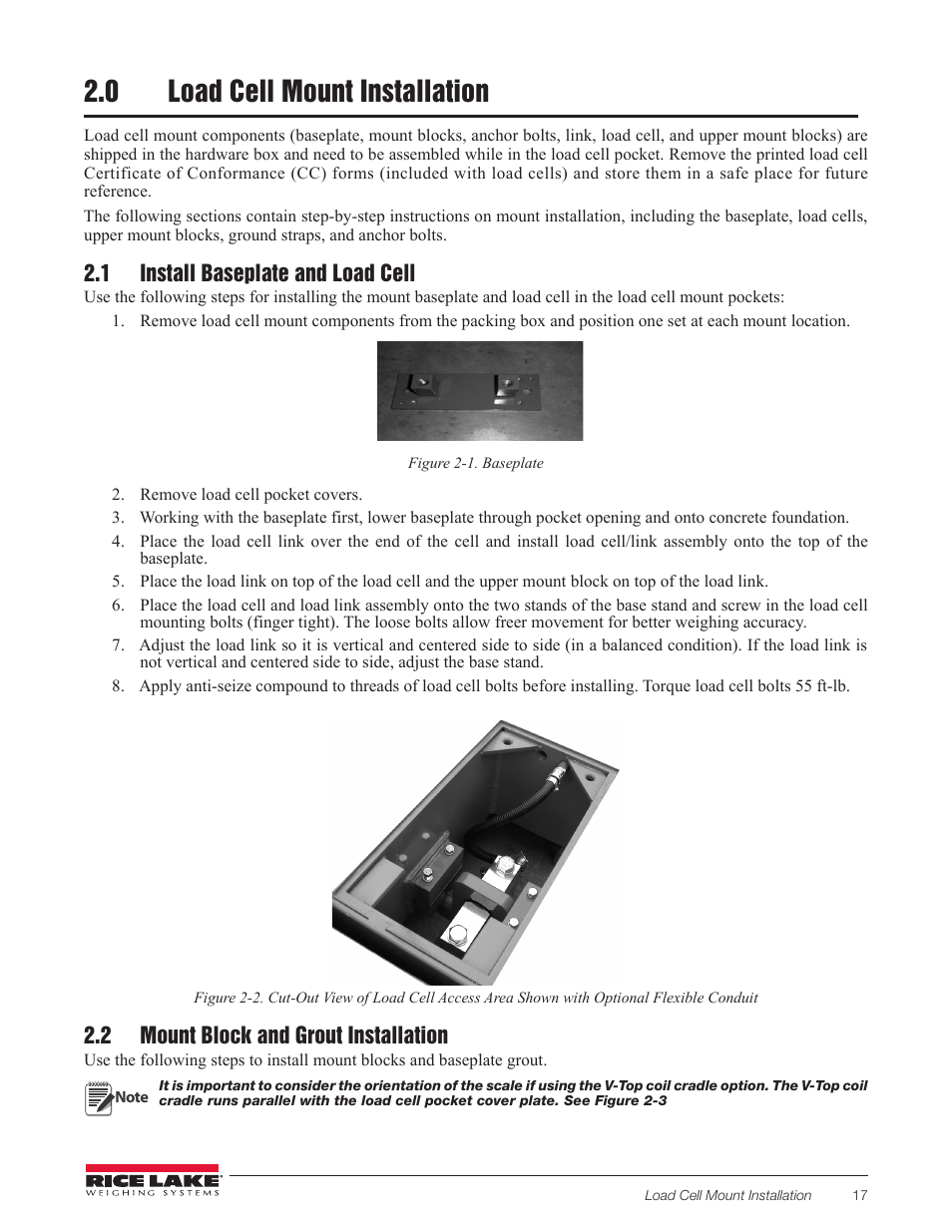 0 load cell mount installation, 1 install baseplate and load cell, 2 mount block and grout installation | Rice Lake Coil Scale RoughDeck CS User Manual | Page 7 / 15