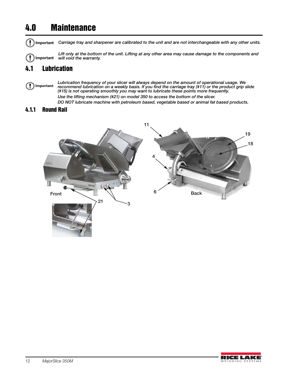 0 maintenance, 1 lubrication, 1 round rail | Maintenance | Rice Lake Retail Scales - MajorSlice 350M User Manual | Page 16 / 32