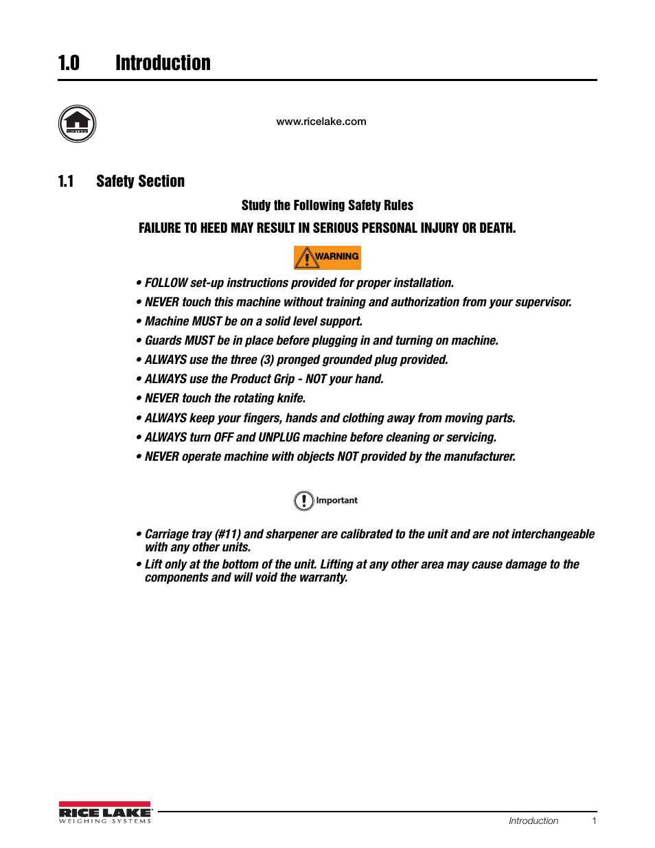 0 introduction, 1 safety section, Introduction | Rice Lake Retail Scales - MajorSlice 350M User Manual | Page 5 / 32