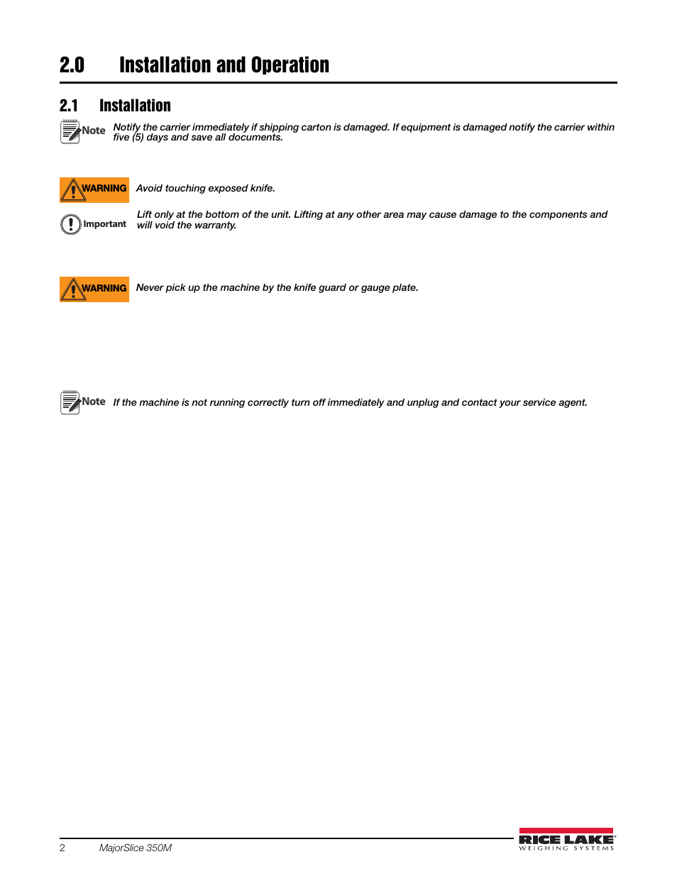 0 installation and operation, 1 installation, Installation and operation | Rice Lake Retail Scales - MajorSlice 350M User Manual | Page 6 / 32