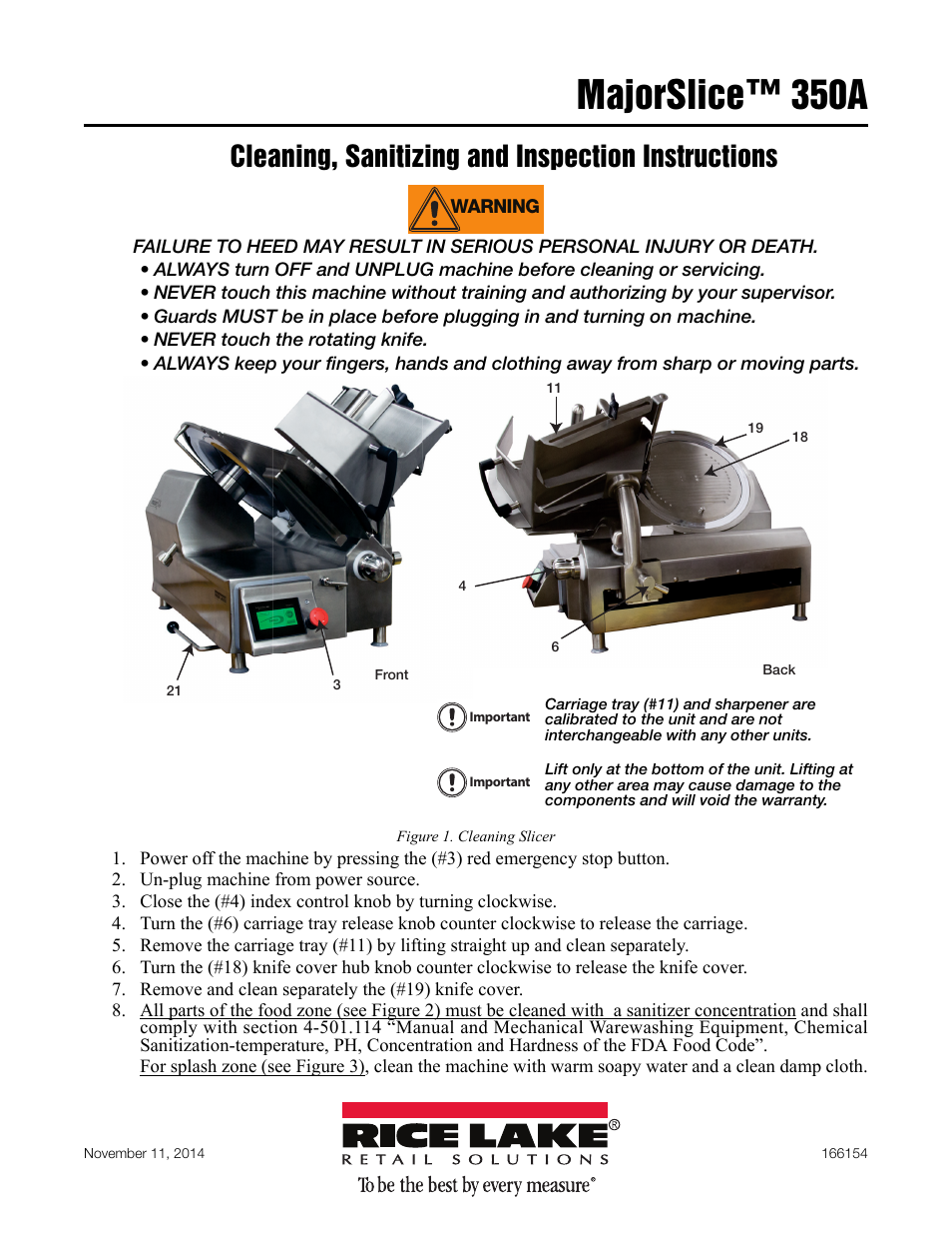 Rice Lake Retail Scales - Rice Lake MajorSlice 350A Series Deli Slicer Cleaning Placard User Manual | 2 pages