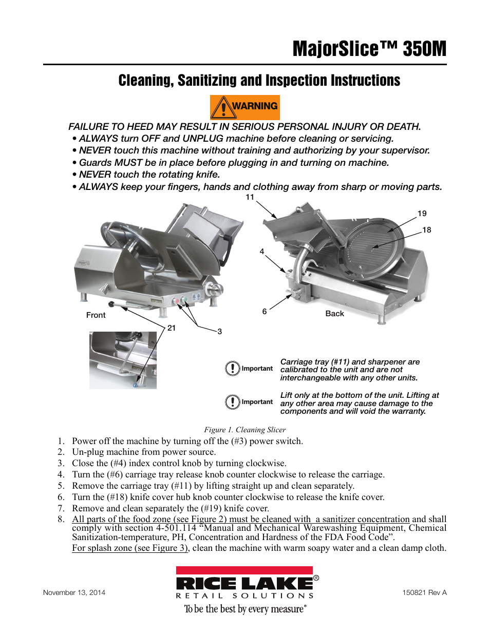 Rice Lake Retail Scales - Rice Lake MajorSlice 350M Series Deli Slicer Cleaning Placard User Manual | 2 pages