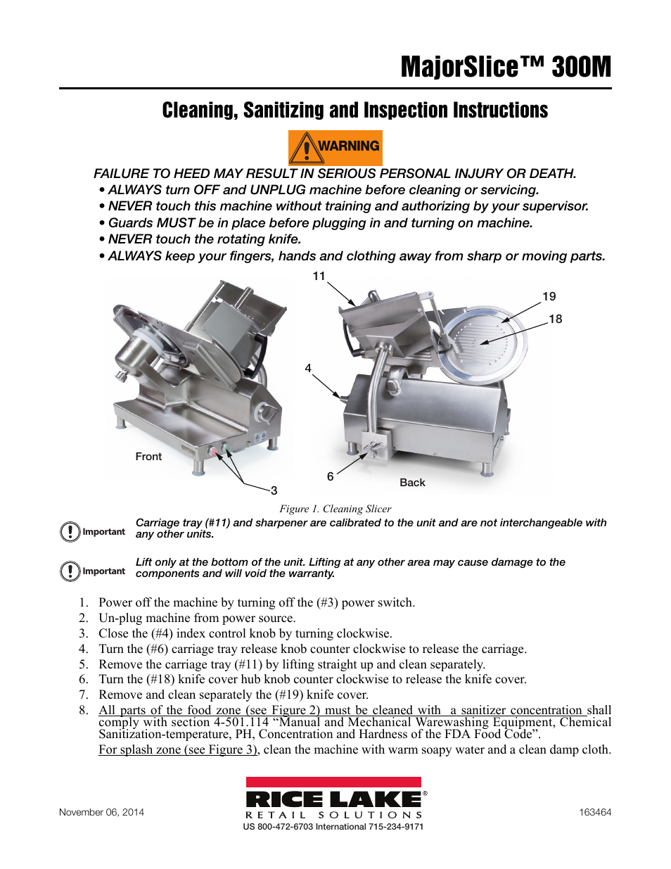 Rice Lake Food Equipment - Rice Lake MajorSlice Deli Slicer M300 Cleaning Placard User Manual | 2 pages