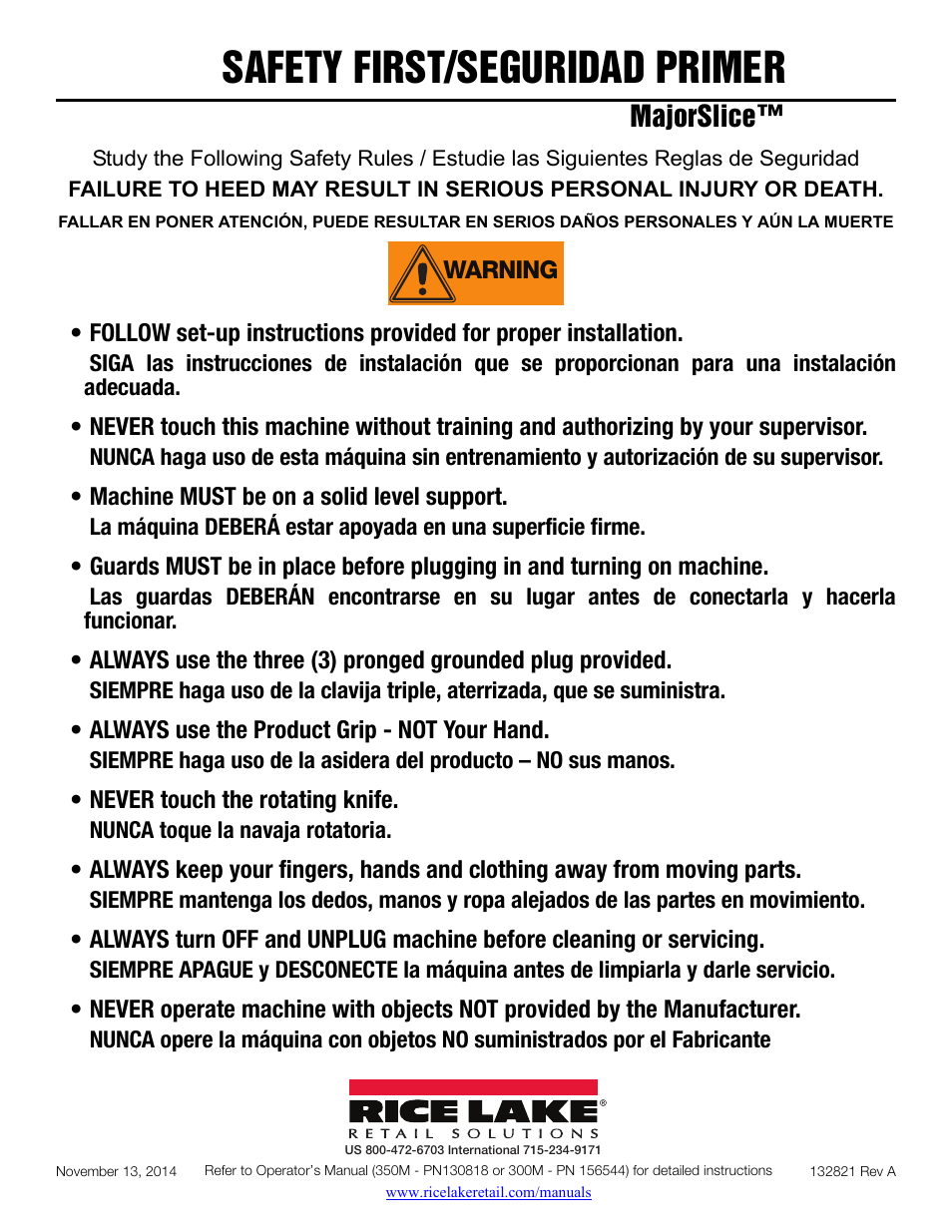 Rice Lake Retail Scales - Rice Lake MajorSlice Series Deli Slicer Safety Placard User Manual | 1 page