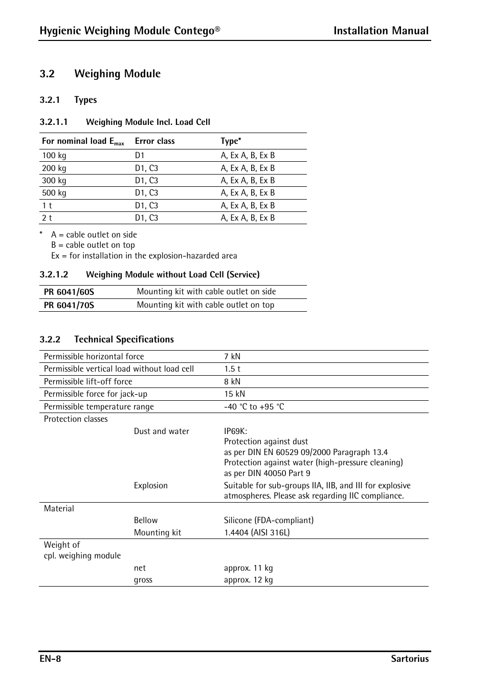 2 weighing module, 1 types, 2 technical specifications | Weighing module, Types, Technical specifications | Rice Lake Contego-Hygienic Weigh Module Kits, Lateral Cable Outlet User Manual | Page 10 / 96