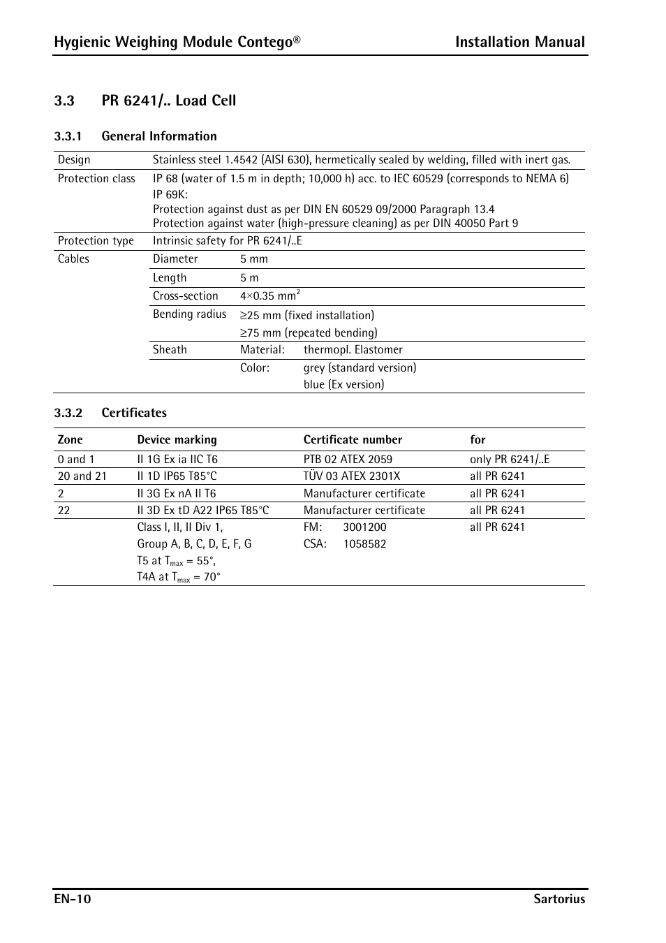 3 pr 6241/.. load cell, 1 general information, 2 certificates | Pr 6241/.. load cell, General information, Certificates | Rice Lake Contego-Hygienic Weigh Module Kits, Lateral Cable Outlet User Manual | Page 12 / 96