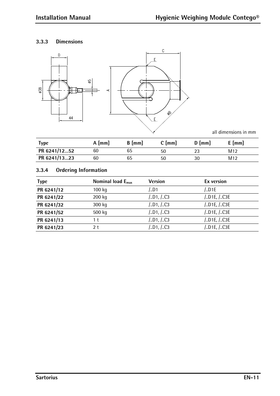 3 dimensions, 4 ordering information, Dimensions | Ordering information | Rice Lake Contego-Hygienic Weigh Module Kits, Lateral Cable Outlet User Manual | Page 13 / 96