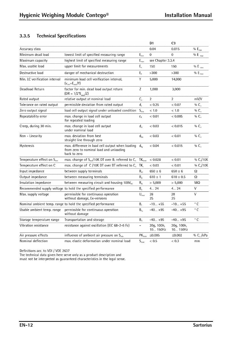 5 technical specifications, Technical specifications | Rice Lake Contego-Hygienic Weigh Module Kits, Lateral Cable Outlet User Manual | Page 14 / 96
