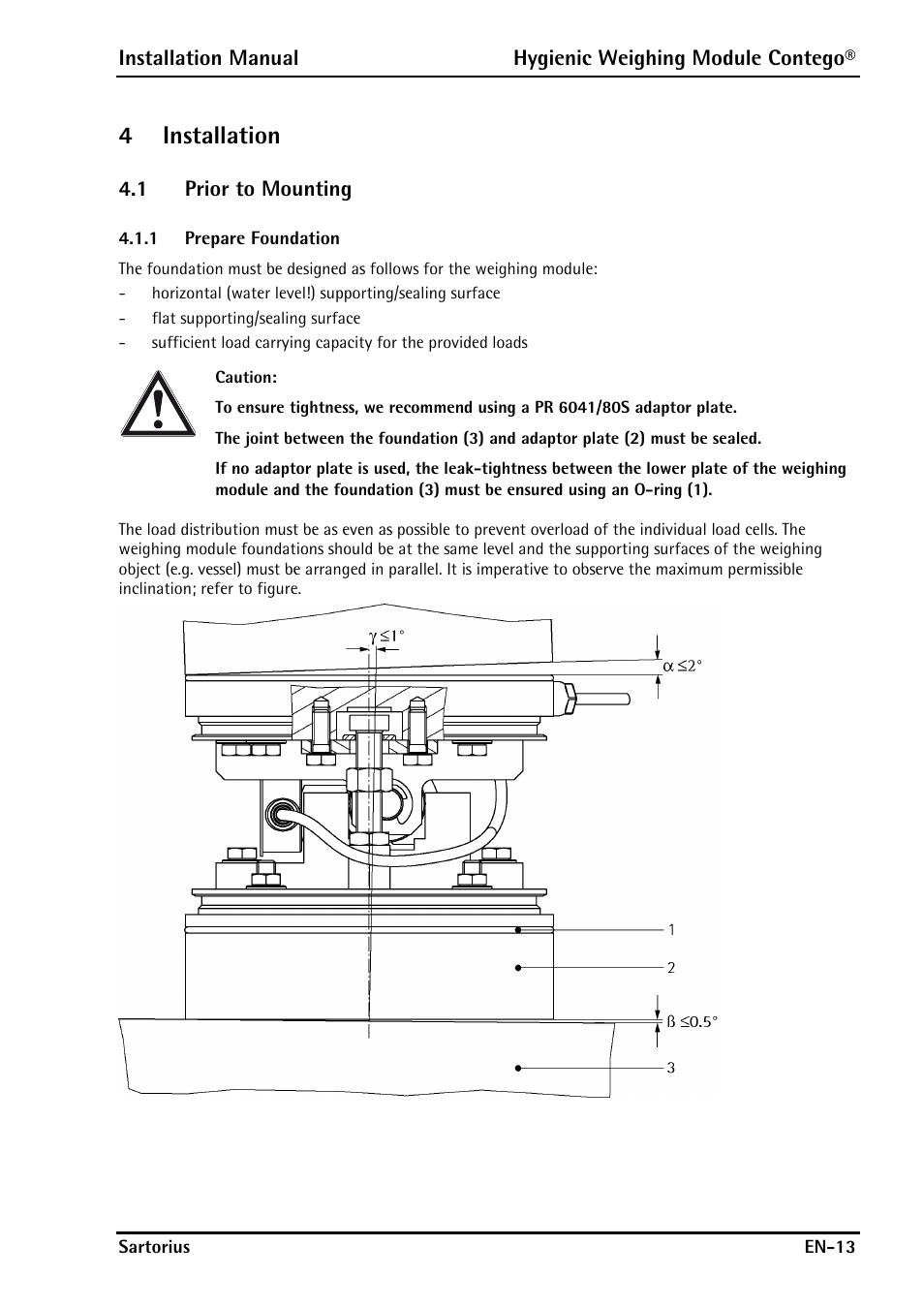 4 installation, 1 prior to mounting, 1 prepare foundation | Installation, Prior to mounting, Prepare foundation, 4installation | Rice Lake Contego-Hygienic Weigh Module Kits, Lateral Cable Outlet User Manual | Page 15 / 96