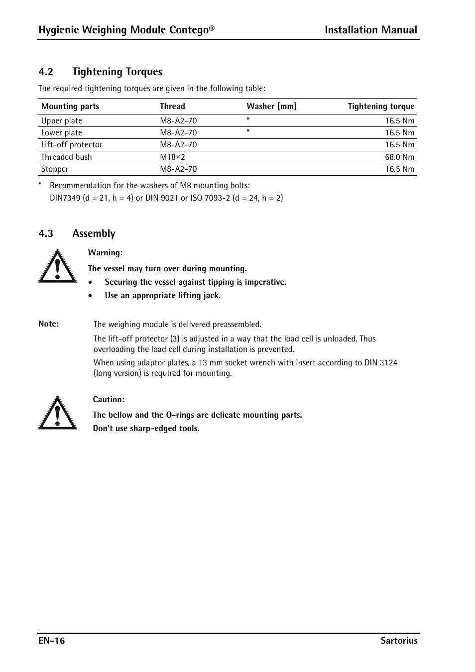 2 tightening torques, 3 assembly, Tightening torques | Assembly | Rice Lake Contego-Hygienic Weigh Module Kits, Lateral Cable Outlet User Manual | Page 18 / 96
