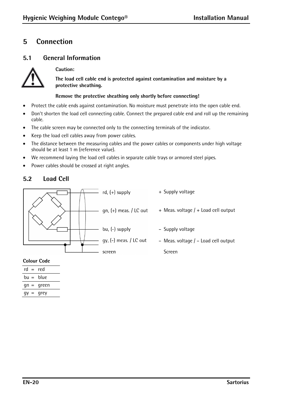 5 connection, 1 general information, 2 load cell | Connection, General information, Load cell, 5connection | Rice Lake Contego-Hygienic Weigh Module Kits, Lateral Cable Outlet User Manual | Page 22 / 96