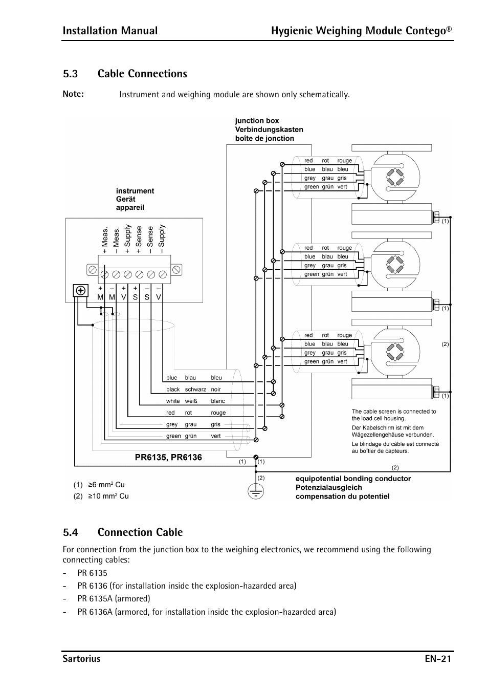 3 cable connections, 4 connection cable, Cable connections | Connection cable | Rice Lake Contego-Hygienic Weigh Module Kits, Lateral Cable Outlet User Manual | Page 23 / 96