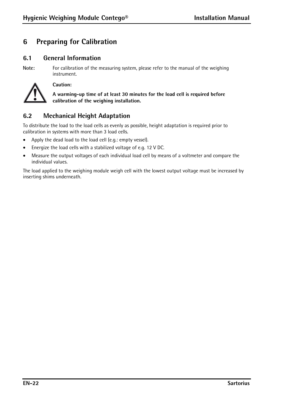 6 preparing for calibration, 1 general information, 2 mechanical height adaptation | Preparing for calibration, General information, Mechanical height adaptation, 6preparing for calibration | Rice Lake Contego-Hygienic Weigh Module Kits, Lateral Cable Outlet User Manual | Page 24 / 96