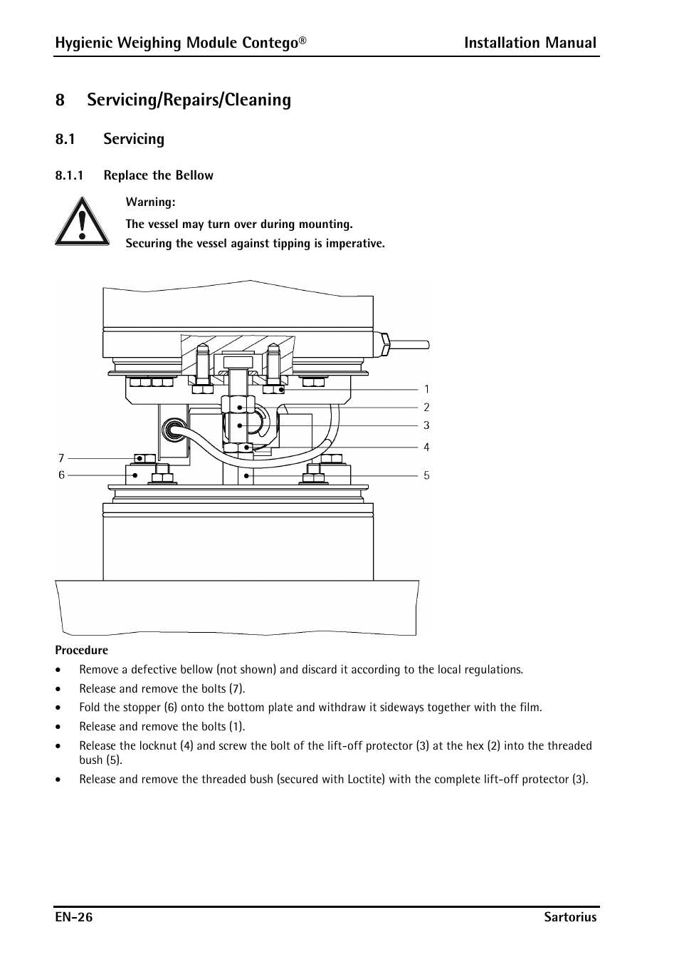 8 servicing/repairs/cleaning, 1 servicing, 1 replace the bellow | Servicing/repairs/cleaning, Servicing, Replace the bellow, 8servicing/repairs/cleaning | Rice Lake Contego-Hygienic Weigh Module Kits, Lateral Cable Outlet User Manual | Page 28 / 96
