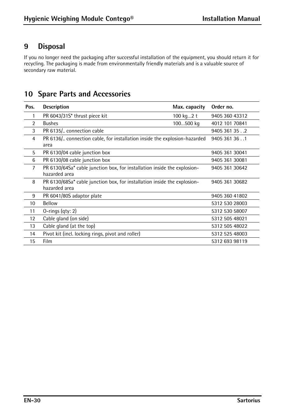 9 disposal, 10 spare parts and accessories, Disposal | Spare parts and accessories, 9disposal | Rice Lake Contego-Hygienic Weigh Module Kits, Lateral Cable Outlet User Manual | Page 32 / 96