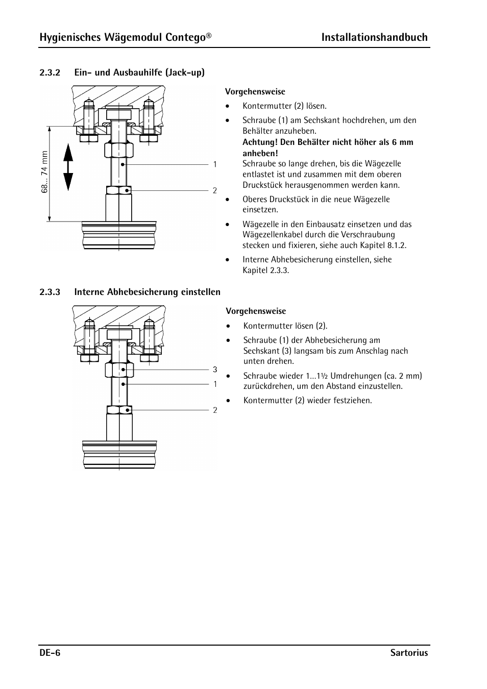 2 ein- und ausbauhilfe (jack-up), 3 interne abhebesicherung einstellen, Ein- und ausbauhilfe (jack-up) | Interne abhebesicherung einstellen | Rice Lake Contego-Hygienic Weigh Module Kits, Lateral Cable Outlet User Manual | Page 38 / 96