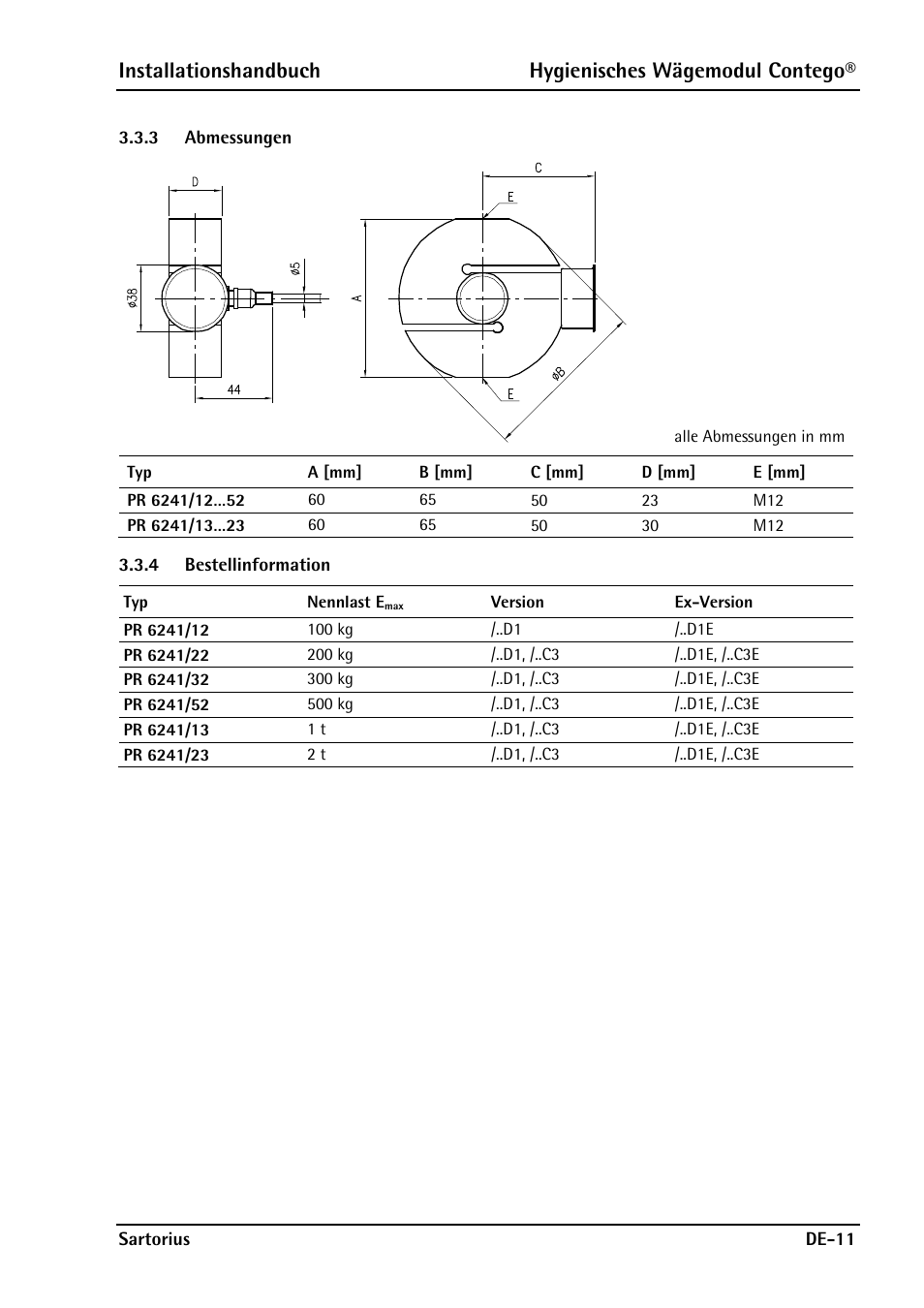 3 abmessungen, 4 bestellinformation, Abmessungen | Bestellinformation | Rice Lake Contego-Hygienic Weigh Module Kits, Lateral Cable Outlet User Manual | Page 43 / 96