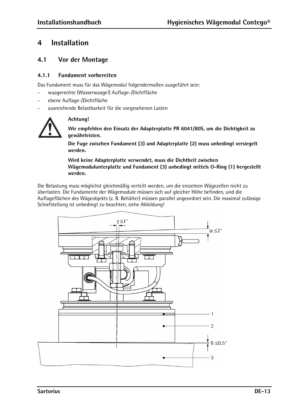 4 installation, 1 vor der montage, 1 fundament vorbereiten | Installation, Vor der montage, Fundament vorbereiten, 4installation | Rice Lake Contego-Hygienic Weigh Module Kits, Lateral Cable Outlet User Manual | Page 45 / 96