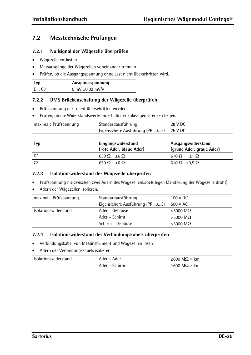 2 messtechnische prüfungen, 1 nullsignal der wägezelle überprüfen, 2 dms brückenschaltung der wägezelle überprüfen | 3 isolationswiderstand der wägezelle überprüfen, Messtechnische prüfungen, Nullsignal der wägezelle überprüfen, Dms brückenschaltung der wägezelle überprüfen, Isolationswiderstand der wägezelle überprüfen | Rice Lake Contego-Hygienic Weigh Module Kits, Lateral Cable Outlet User Manual | Page 57 / 96
