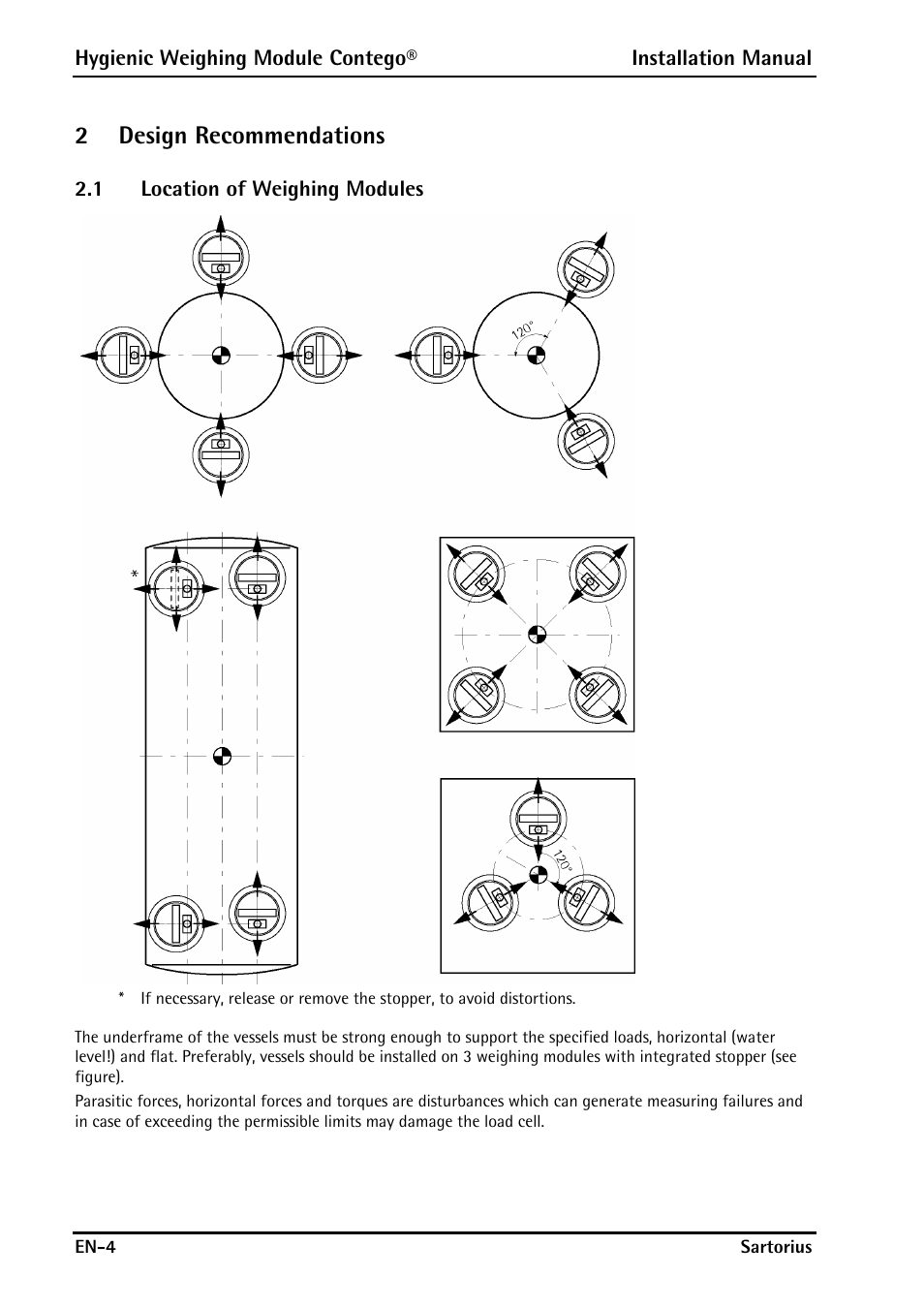 2 design recommendations, 1 location of weighing modules, Design recommendations | Location of weighing modules, 2design recommendations | Rice Lake Contego-Hygienic Weigh Module Kits, Lateral Cable Outlet User Manual | Page 6 / 96