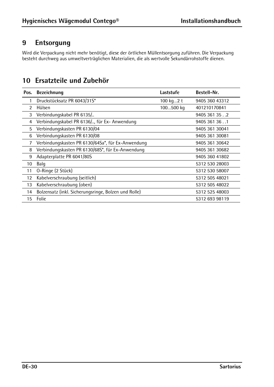 9 entsorgung, 10 ersatzteile und zubehör, Entsorgung | Ersatzteile und zubehör, 9entsorgung | Rice Lake Contego-Hygienic Weigh Module Kits, Lateral Cable Outlet User Manual | Page 62 / 96