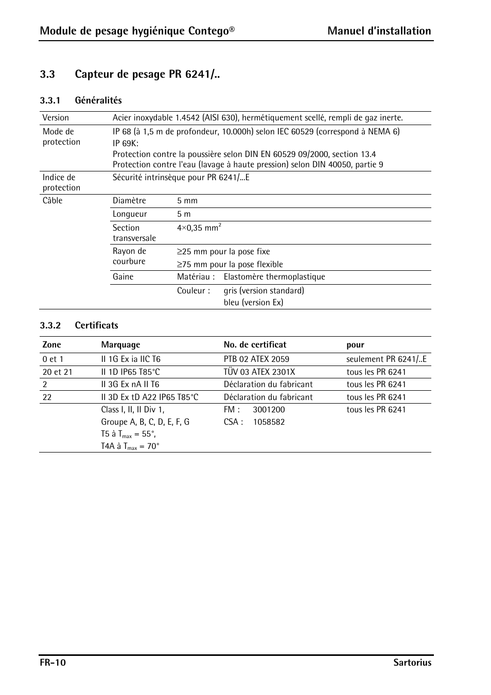 3 capteur de pesage pr 6241, 1 généralités, 2 certificats | Capteur de pesage pr 6241, Généralités, Certificats | Rice Lake Contego-Hygienic Weigh Module Kits, Lateral Cable Outlet User Manual | Page 72 / 96