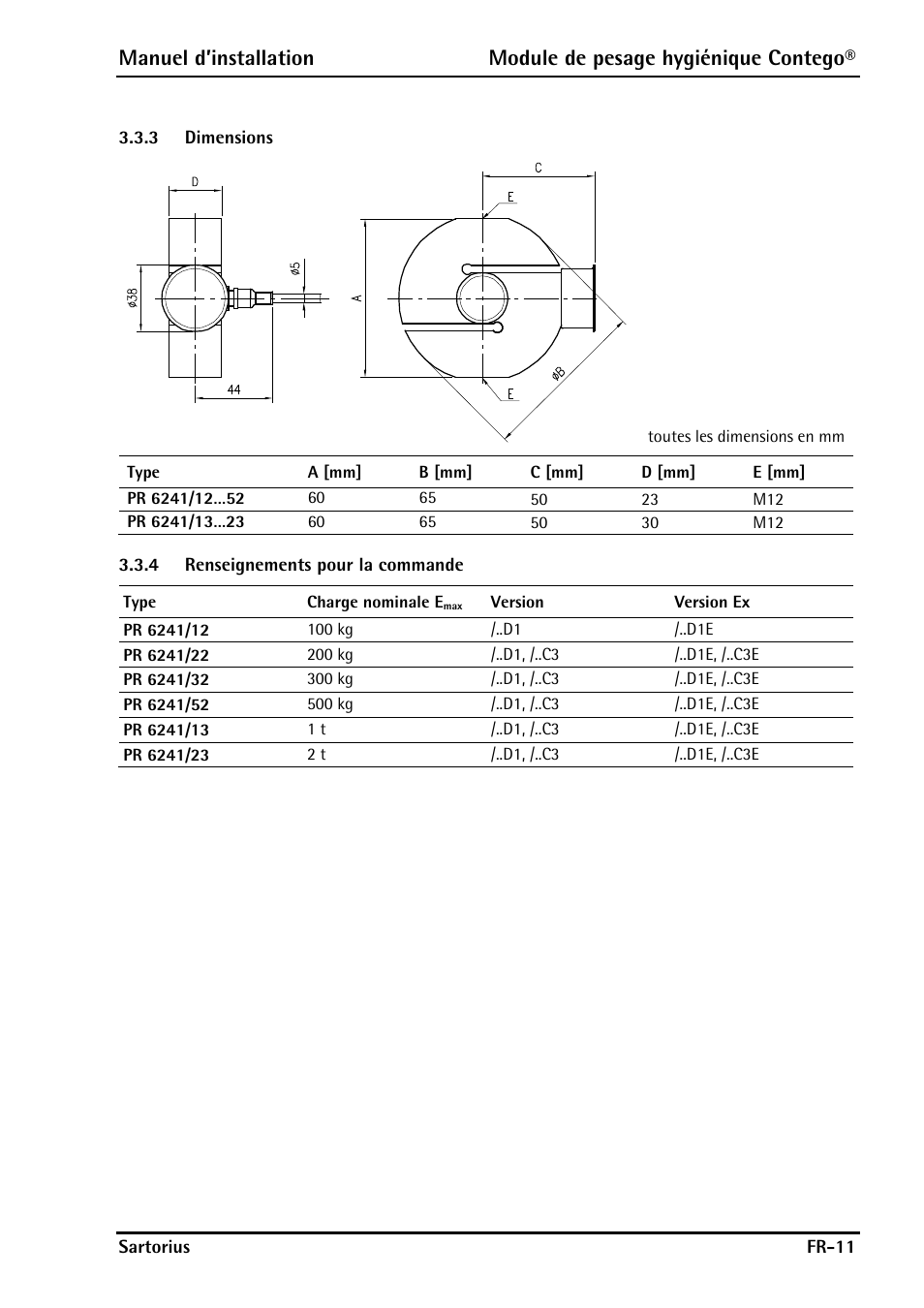 3 dimensions, 4 renseignements pour la commande, Dimensions | Renseignements pour la commande | Rice Lake Contego-Hygienic Weigh Module Kits, Lateral Cable Outlet User Manual | Page 73 / 96