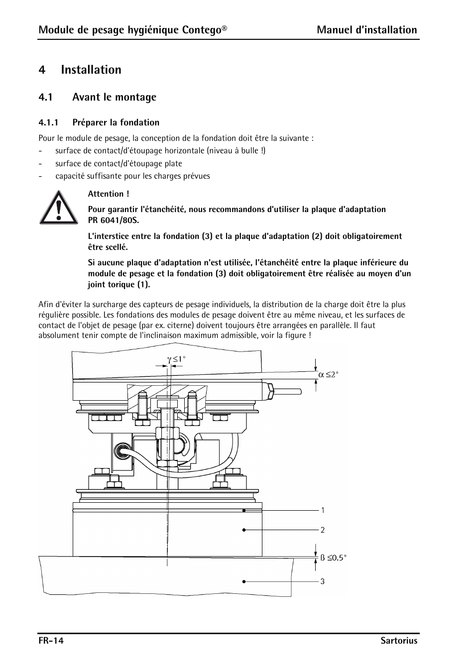 4 installation, 1 avant le montage, 1 préparer la fondation | Installation, Avant le montage, Préparer la fondation, 4installation | Rice Lake Contego-Hygienic Weigh Module Kits, Lateral Cable Outlet User Manual | Page 76 / 96