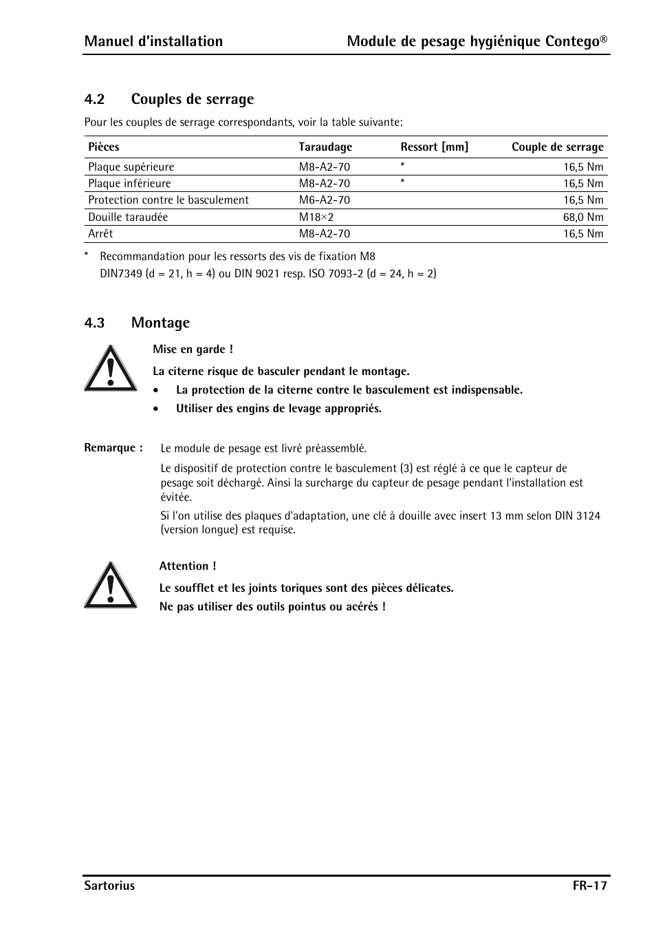 2 couples de serrage, 3 montage, Couples de serrage | Montage | Rice Lake Contego-Hygienic Weigh Module Kits, Lateral Cable Outlet User Manual | Page 79 / 96