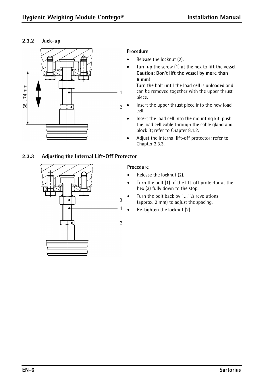 2 jack-up, 3 adjusting the internal lift-off protector, Jack-up | Adjusting the internal lift-off protector | Rice Lake Contego-Hygienic Weigh Module Kits, Lateral Cable Outlet User Manual | Page 8 / 96