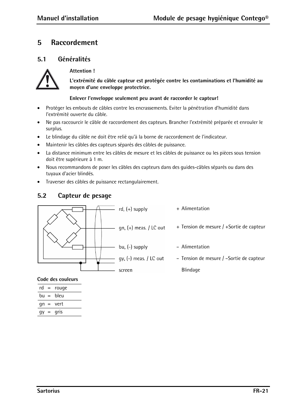 5 raccordement, 1 généralités, 2 capteur de pesage | Raccordement, Généralités, Capteur de pesage, 5raccordement | Rice Lake Contego-Hygienic Weigh Module Kits, Lateral Cable Outlet User Manual | Page 83 / 96