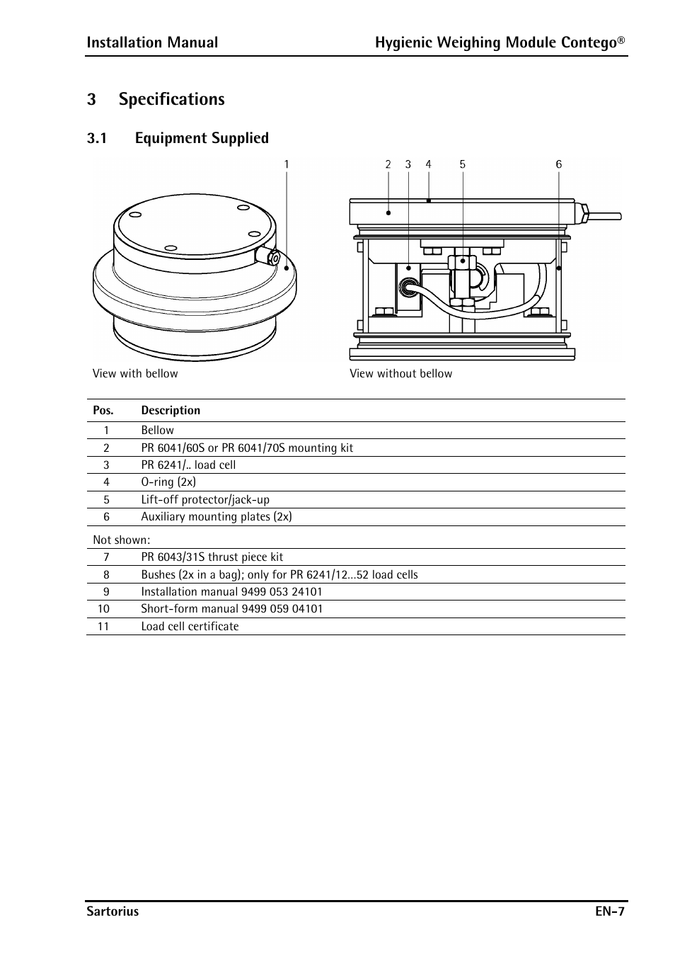 3 specifications, 1 equipment supplied, Specifications | Equipment supplied, 3specifications | Rice Lake Contego-Hygienic Weigh Module Kits, Lateral Cable Outlet User Manual | Page 9 / 96