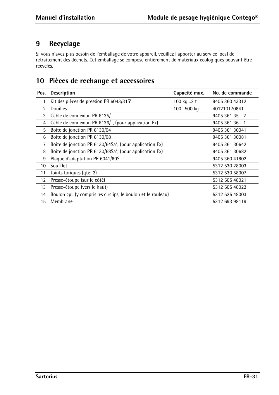 9 recyclage, 10 pièces de rechange et accessoires, Recyclage | Pièces de rechange et accessoires, 9recyclage | Rice Lake Contego-Hygienic Weigh Module Kits, Lateral Cable Outlet User Manual | Page 93 / 96