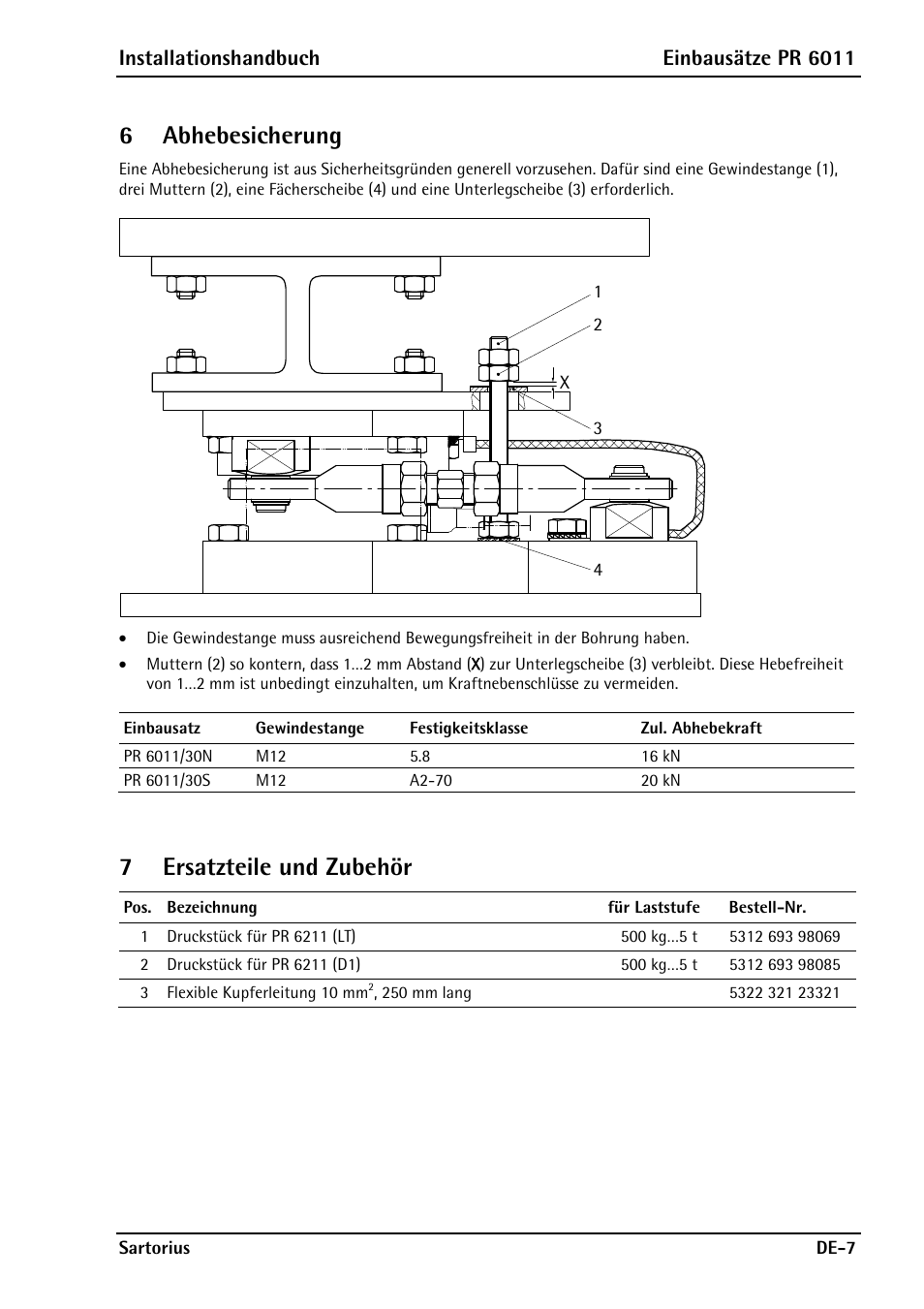 6 abhebesicherung, 7 ersatzteile und zubehör, Installationshandbuch einbausätze pr 6011 | Rice Lake Contego-Hygienic Weigh Module Kits, Top Cable Outlet User Manual | Page 17 / 28