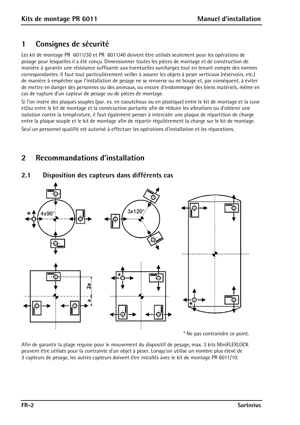 1 consignes de sécurité, 2 recommandations d’installation, 1 disposition des capteurs dans différents cas | Disposition des capteurs dans différents cas | Rice Lake Contego-Hygienic Weigh Module Kits, Top Cable Outlet User Manual | Page 20 / 28