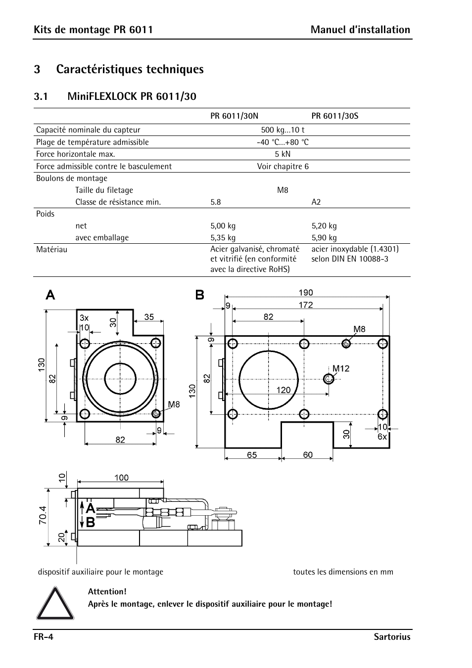 3 caractéristiques techniques, 1 miniflexlock pr 6011/30, Miniflexlock pr 6011/30 | Kits de montage pr 6011 manuel d’installation | Rice Lake Contego-Hygienic Weigh Module Kits, Top Cable Outlet User Manual | Page 22 / 28