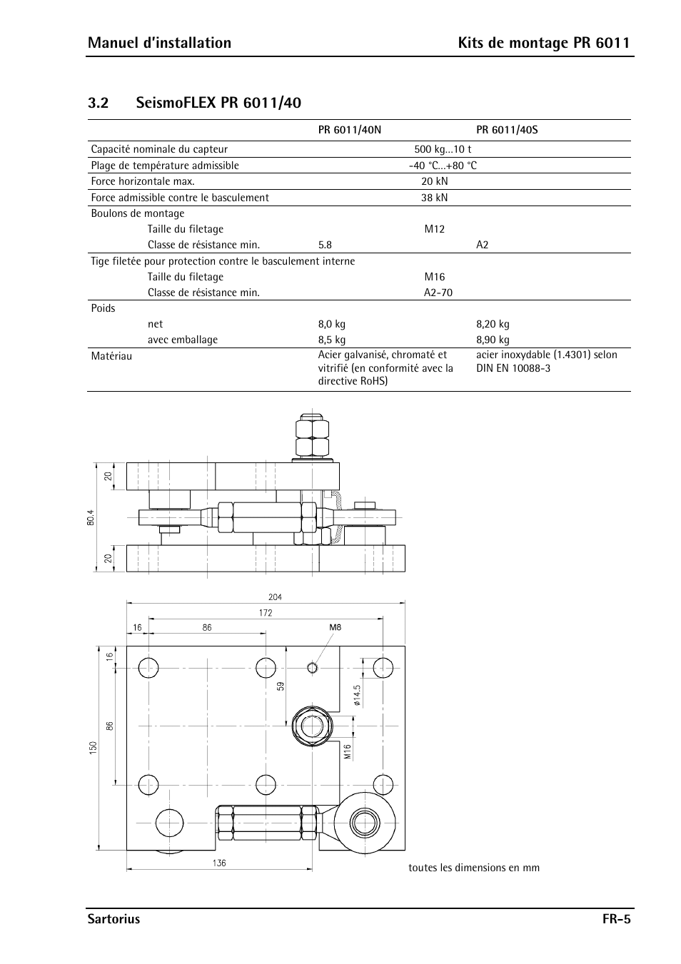 2 seismoflex pr 6011/40, Seismoflex pr 6011/40, Manuel d’installation kits de montage pr 6011 | Rice Lake Contego-Hygienic Weigh Module Kits, Top Cable Outlet User Manual | Page 23 / 28