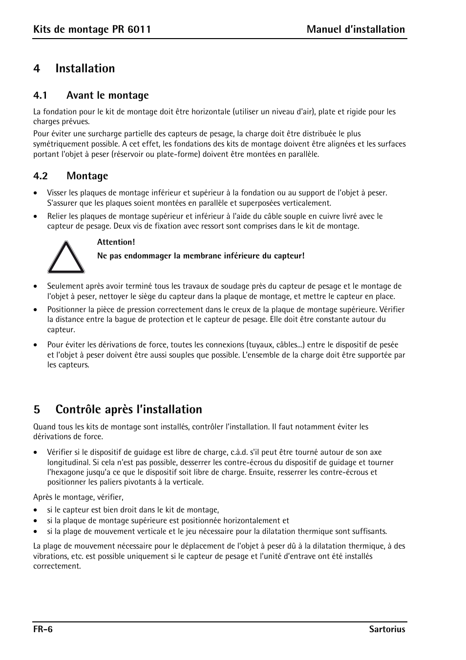 4 installation, 1 avant le montage, 2 montage | 5 contrôle après l’installation, Avant le montage, Montage | Rice Lake Contego-Hygienic Weigh Module Kits, Top Cable Outlet User Manual | Page 24 / 28
