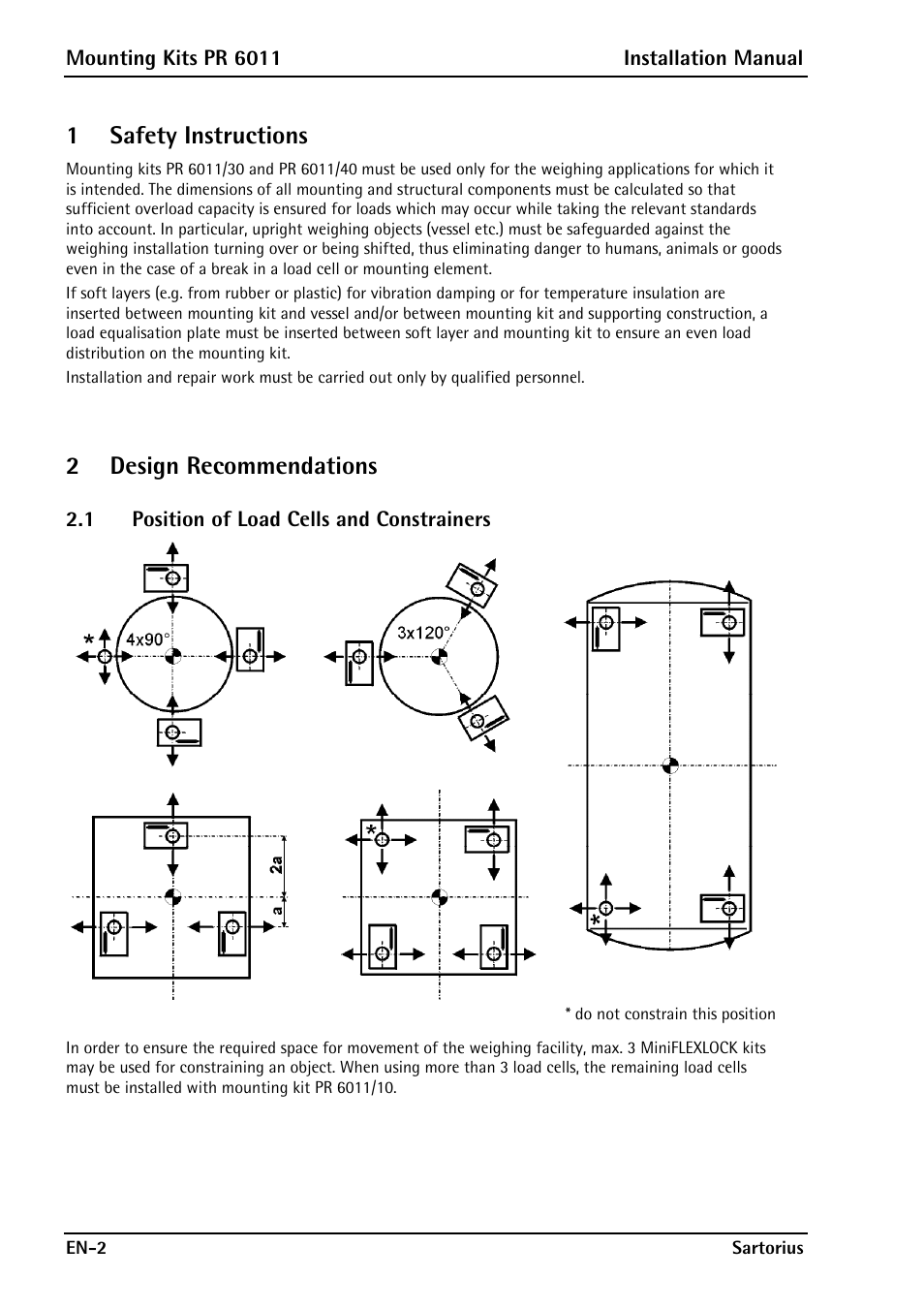 1 safety instructions, 2 design recommendations, 1 position of load cells and constrainers | Position of load cells and constrainers | Rice Lake Contego-Hygienic Weigh Module Kits, Top Cable Outlet User Manual | Page 4 / 28