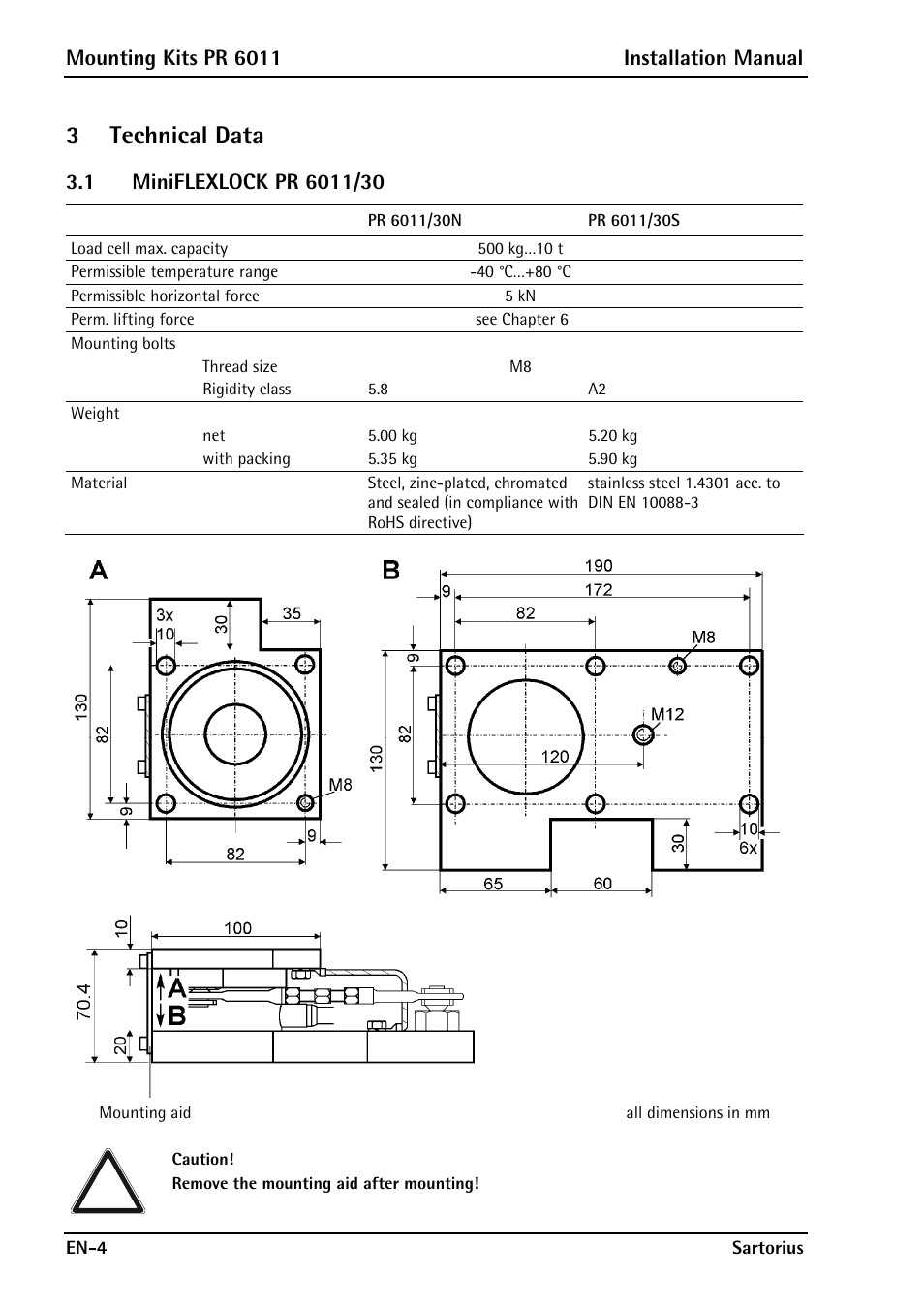 3 technical data, 1 miniflexlock pr 6011/30, Miniflexlock pr 6011/30 | Mounting kits pr 6011 installation manual | Rice Lake Contego-Hygienic Weigh Module Kits, Top Cable Outlet User Manual | Page 6 / 28