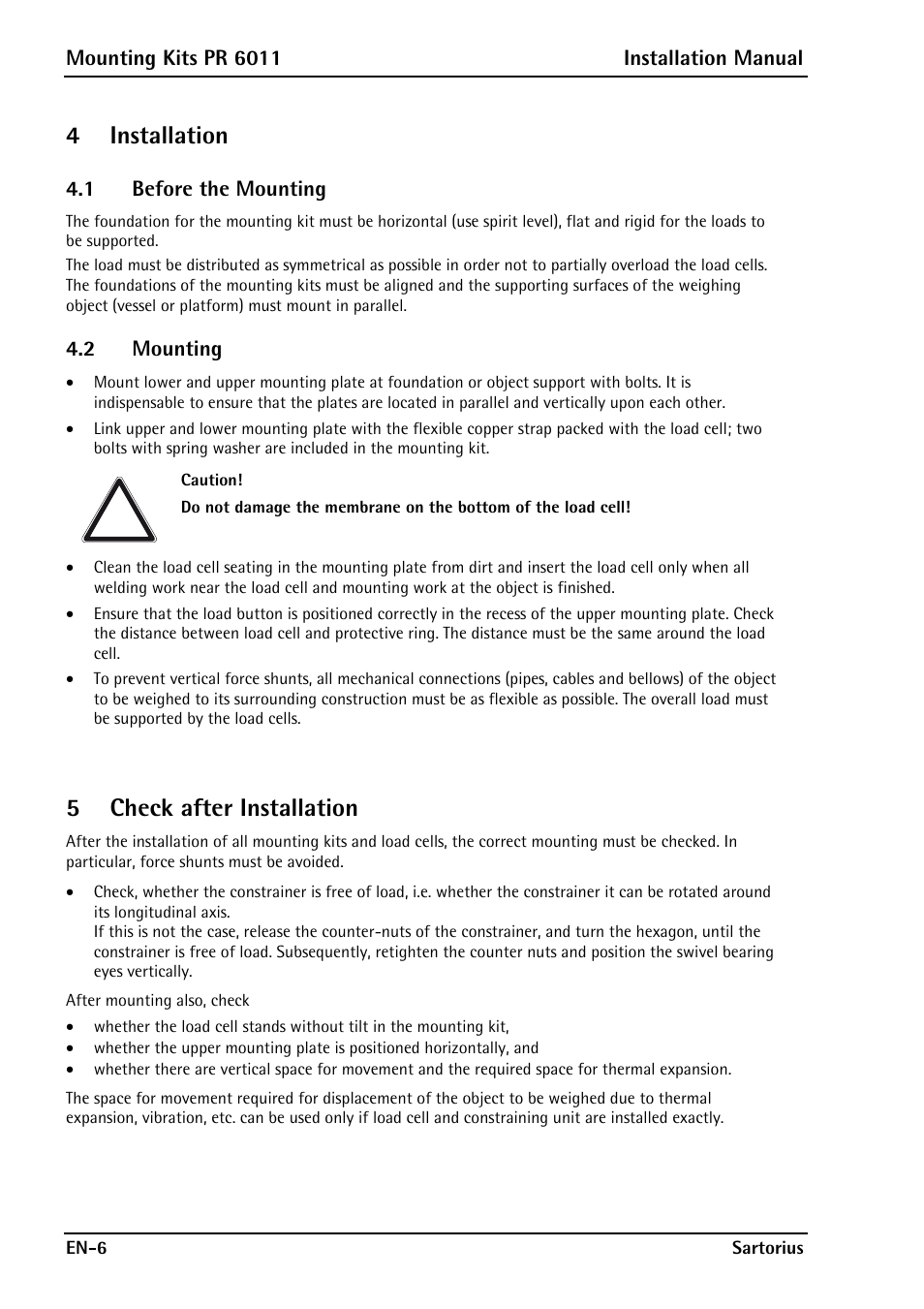4 installation, 1 before the mounting, 2 mounting | 5 check after installation, Before the mounting, Mounting | Rice Lake Contego-Hygienic Weigh Module Kits, Top Cable Outlet User Manual | Page 8 / 28