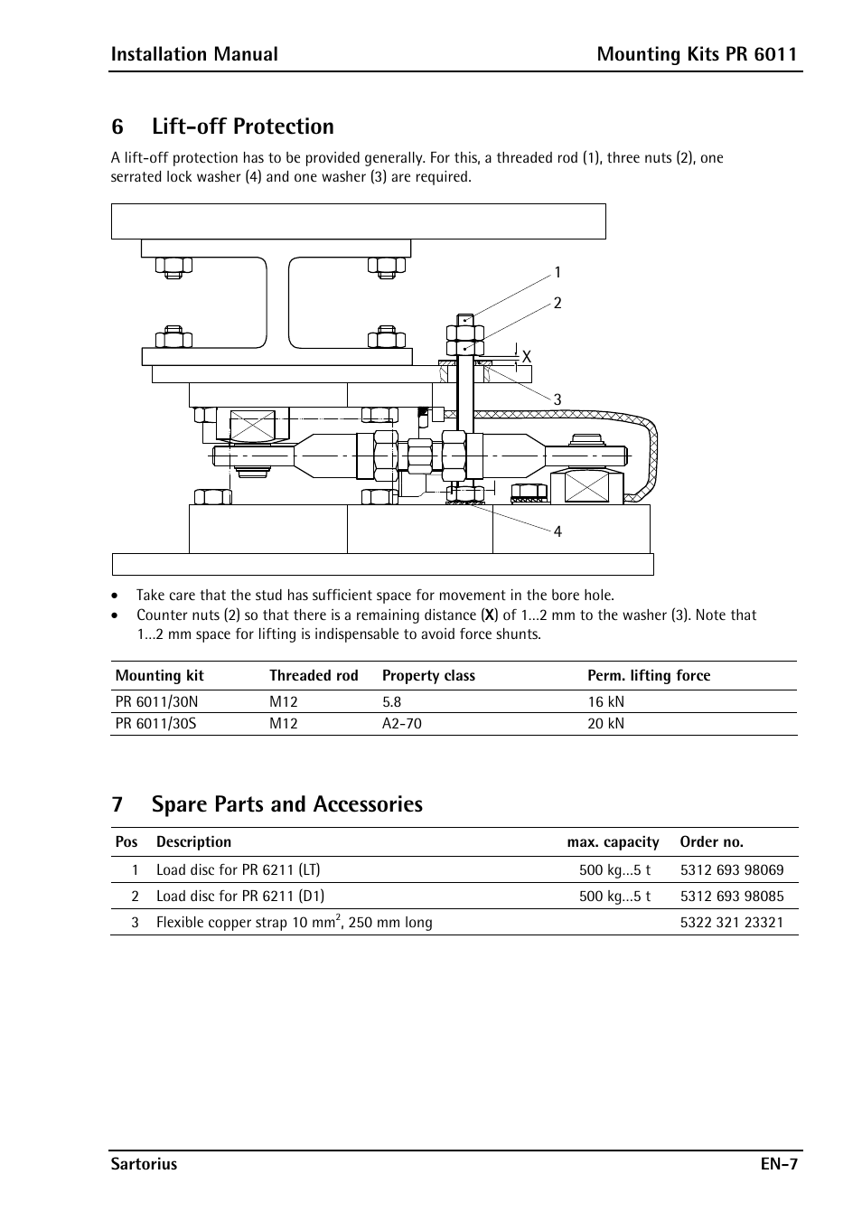 6 lift-off protection, 7 spare parts and accessories, Installation manual mounting kits pr 6011 | Rice Lake Contego-Hygienic Weigh Module Kits, Top Cable Outlet User Manual | Page 9 / 28