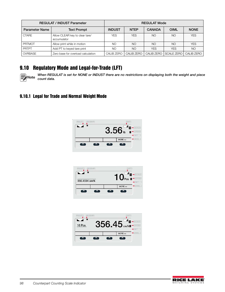 10 regulatory mode and legal-for-trade (lft), 1 legal for trade and normal weight mode, Legal for trade and normal weight mode | Rice Lake Counterpart Configurable Counting Indicator - Installation and Operation Manual V2.3 - Rev C User Manual | Page 104 / 112