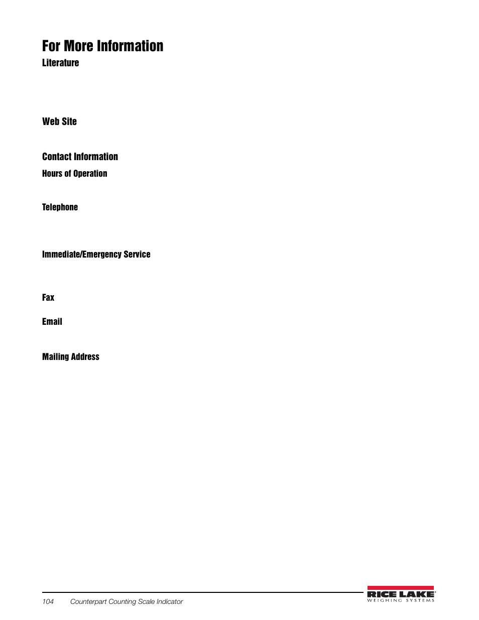For more information | Rice Lake Counterpart Configurable Counting Indicator - Installation and Operation Manual V2.3 - Rev C User Manual | Page 110 / 112