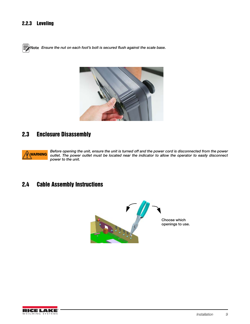 3 leveling, 3 enclosure disassembly, 4 cable assembly instructions | Locking and unlocking - s-yc scale base, Leveling | Rice Lake Counterpart Configurable Counting Indicator - Installation and Operation Manual V2.3 - Rev C User Manual | Page 15 / 112