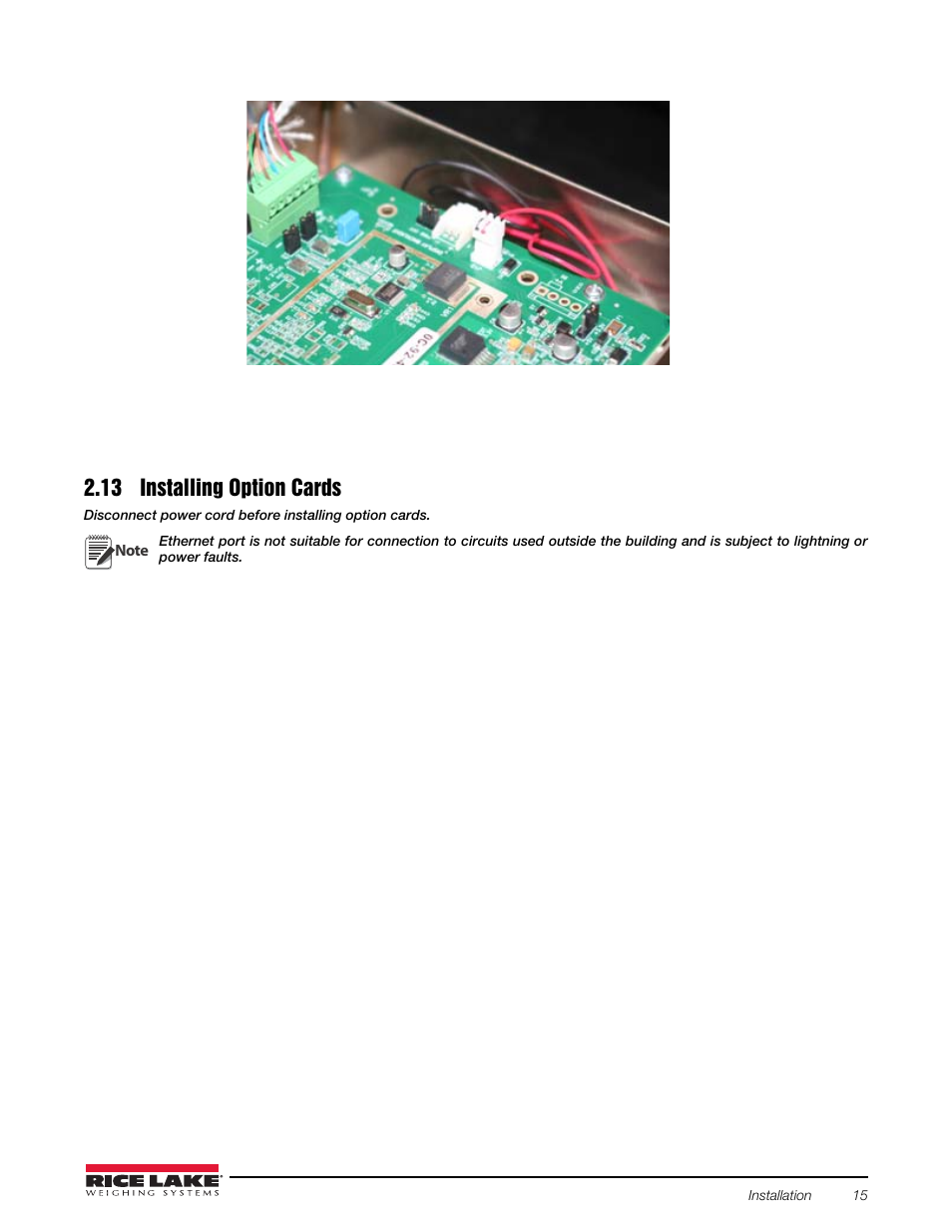 13 installing option cards, 12 field installation of battery | Rice Lake Counterpart Configurable Counting Indicator - Installation and Operation Manual V2.3 - Rev C User Manual | Page 21 / 112