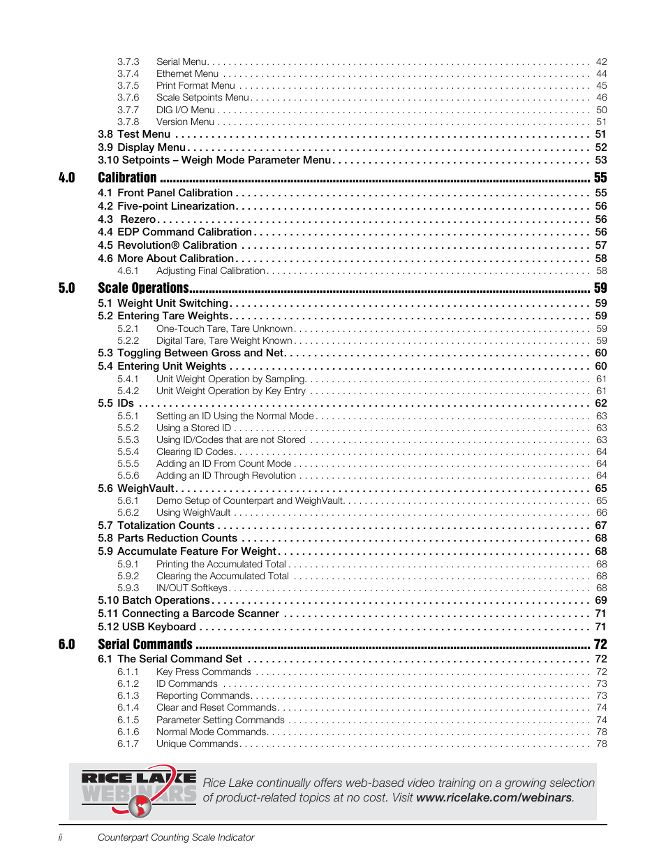 0 calibration, 0 scale operations, 0 serial commands | Rice Lake Counterpart Configurable Counting Indicator - Installation and Operation Manual V2.3 - Rev C User Manual | Page 4 / 112