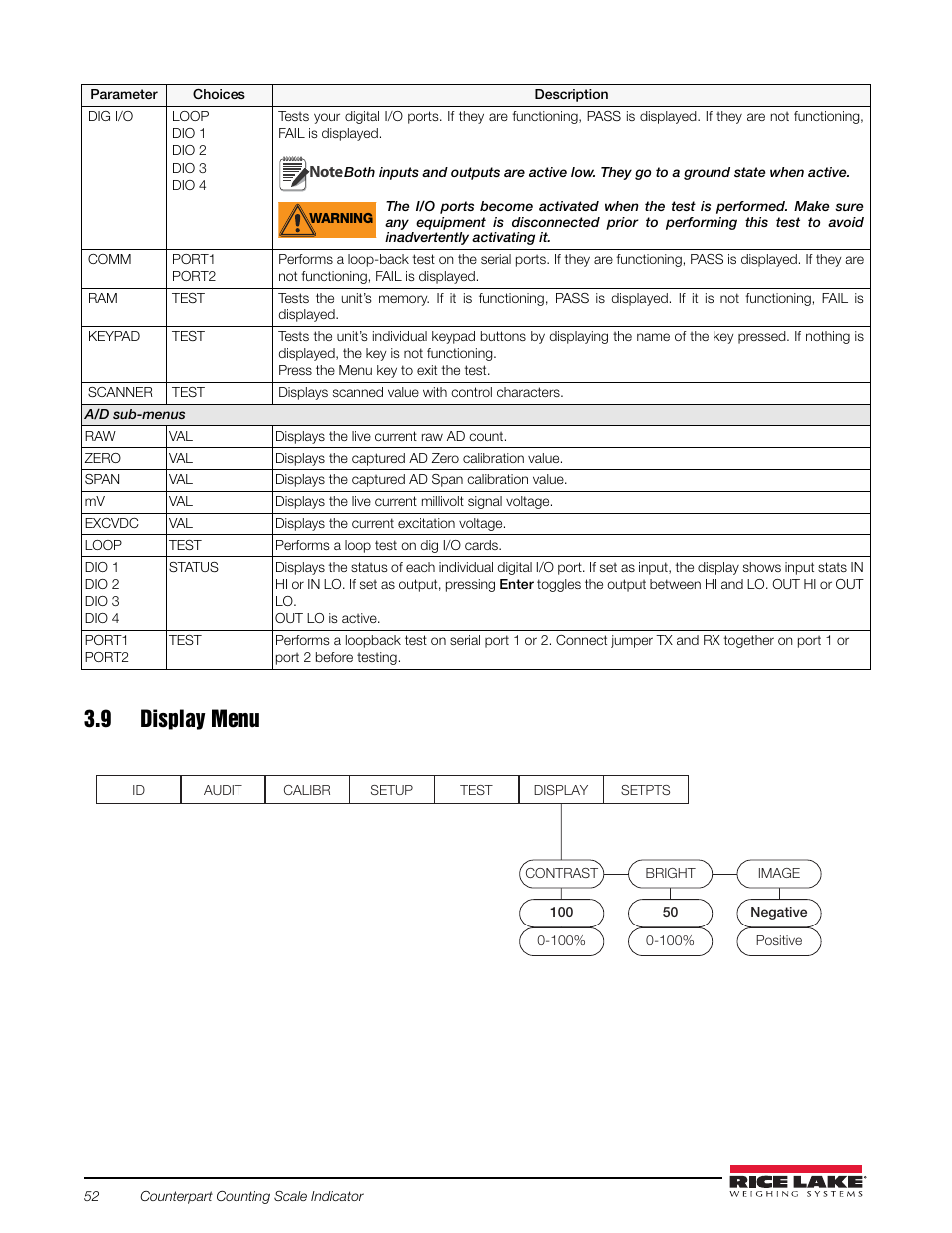 9 display menu, 8 test menu | Rice Lake Counterpart Configurable Counting Indicator - Installation and Operation Manual V2.3 - Rev C User Manual | Page 58 / 112