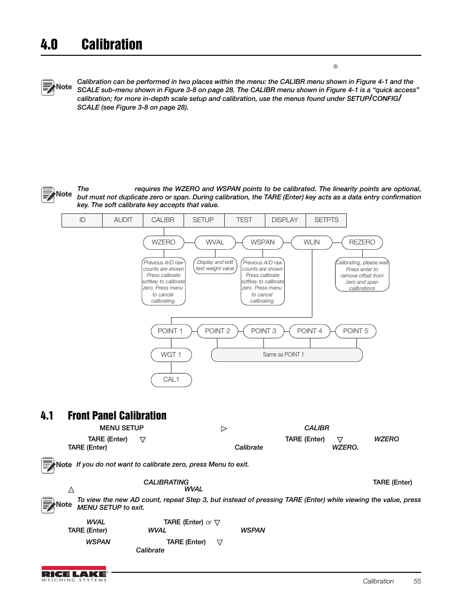 0 calibration, 1 front panel calibration, 10 setpoints – weigh mode parameter menu | Calibration | Rice Lake Counterpart Configurable Counting Indicator - Installation and Operation Manual V2.3 - Rev C User Manual | Page 61 / 112